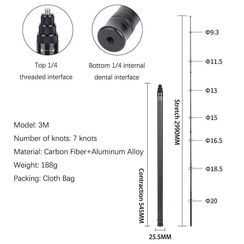 3,0 M fibra de carbono Selfie Stick (siete secciones)