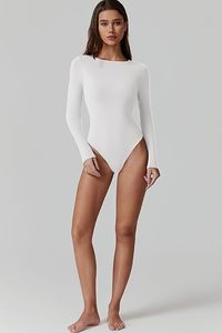 Body de manga larga con cuello redondo y corte alto, ajustado, de doble forro, estilo camiseta básica, adelgazante, para uso diario, superventas para mujer - Product Image 5