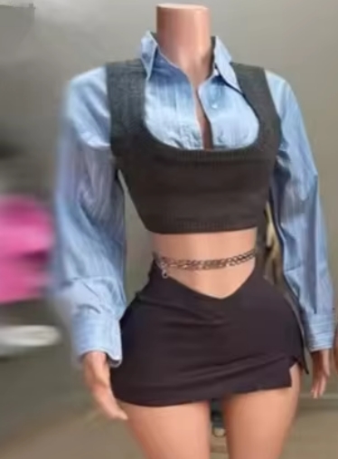 Sky Blue top+ gray skirt