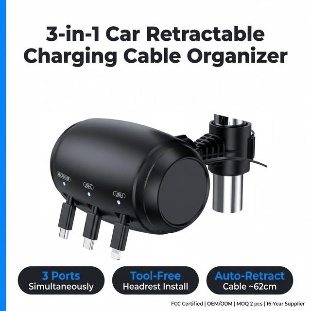 3-in-1 Retractable Car Charging Cable Organizer | 3A Max Fast Charging Backseat Station Type-C & Micro USB Interfaces