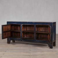 Buffet en bois massif TaiLai Classic Antique bleu foncé, laqué, style rustique vintage, fait main, design Wabi-Sabi