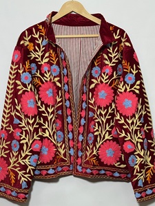 Women's Red Velvet Embroidered Jacket Mandarin Collar Floral Hand Embroidery Full Sleeve Autumn Style <b>Coat</b> - Product Image 6