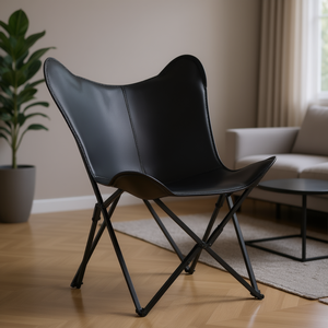 Fauteuil papillon en cuir véritable noir avec support en fer, design pliable, style moderne et contemporain pour salon, meubles de maison - Product Image 2