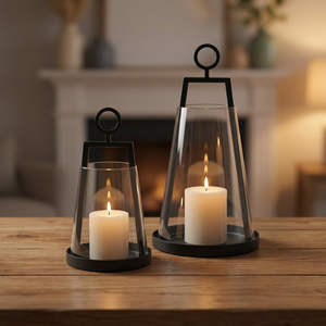 <b>Black</b> <b>Metal</b> and Glass <b>Candle</b> Lantern <b>Holder</b> Set Decorative Hurricane <b>Candle</b> <b>Holders</b> with Round Handle Modern Table Centerpiece - Product Image 2