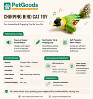 Jouet interactif pour chat en forme d'oiseau chiaquant, avec herbe à chat, plumes et mouvements simulés, 3 couleurs, pour une interaction vidéo facile, faible MOQ, personnalisable