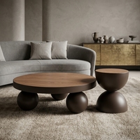 Table basse de salon de style américain en MDF, en bois, fabriquée à la main, finition brune, forme ronde, avec base en boule