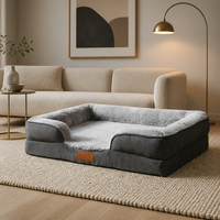 Canapé-lit pour chien et chat FANCIE en lin gris foncé, doublure en fourrure de lapin, trois traversins, lavable en machine, antidérapant, étiquette en cuir, OEM