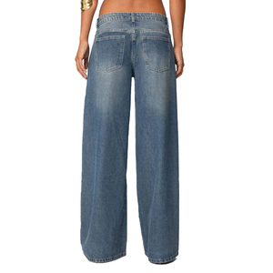 Vaqueros de mujer vintage con logo personalizado, lavado medio, cintura baja, pierna ancha, corte bootcut, holgados, estilo pantalón largo hasta el suelo, venta al por mayor - Product Image 4