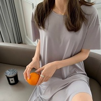 Nouvelle Robe de Nuit Décontractée Femme en Soie Glacée, Manches Courtes, Coupe Ample, Style Trapèze, Couleur Unie, Été