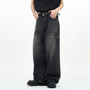 High Quality Fashion Baggy <b>Jeans</b> <b>Men</b> Straight Stitching Decorative Rivet Black <b>Jeans</b> Wash Vintage Streetwear <b>Jeans</b> Pants <b>for</b> <b>Men</b> - Product Image 2