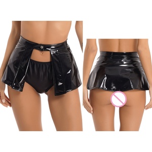 Womens Fashion Open Front One Button <strong>Skirts</strong> Wet <strong>Look</strong> Patent <strong>Leather</strong> Mini <strong>Skirt</strong> for Club Pole Dance - Product Image 1
