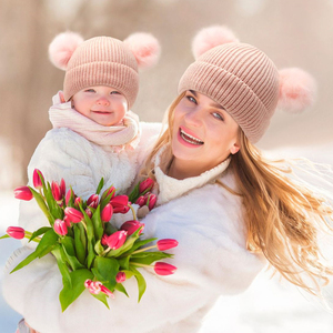 Gorro de invierno para niños, madre, bebé, hija, hijo, gorro de punto cálido, gorro de esquí <span class=keywords><strong>a</strong></span> juego familiar de <span class=keywords><strong>ganchillo</strong></span> con pompón de piel sintética - Product Image 3