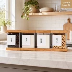 Stackable Bamboo Dry Food Dispenser Kitchen Grain Storage Organizers Airthight Acrylic <strong>Flour</strong> Storage <strong>Containers</strong> with Lids - Product Image 5
