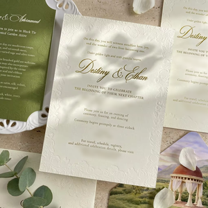 Invitation de <span class=keywords><strong>mariage</strong></span> 3D gaufrée avec bordure de roses, suite d'invitations vert olive pour jardin, cartes d'invitation de luxe <span class=keywords><strong>en</strong></span> papier spécial avec dorure à chaud - Product Image 2