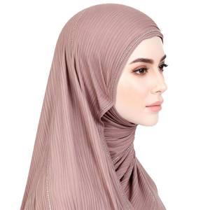 Châle long en tricot côtelé uni avec strass, vente en gros, hijab, écharpe, <span class=keywords><strong>voile</strong></span> pour femme - Product Image 5