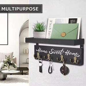 Wooden Entryway Key Rack Wall Mounted Storage Shelf With <b>Hooks</b> Home Sweet Home Sign Mail Organizer <b>Black</b> - Product Image 2