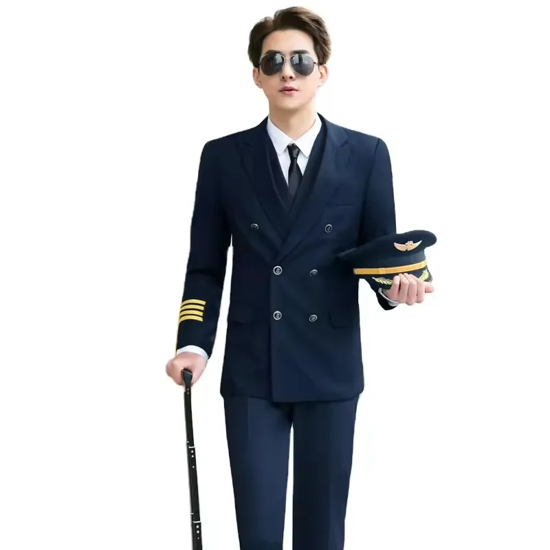 Casaco azul escuro luxuoso unissex, uniforme de companhia aérea para piloto, aeromoça, tripulação de cabine, aeromoça