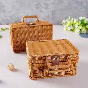 2023 New Vintage Basket Woven Rattan Boxes Plastic Storage Basket Handmade Gift Boxes With Handles For Makeup Or Picnic Travel