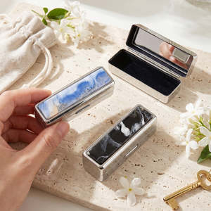 Rectangle Lipstick Case With <b>Mirror</b> Acetate <b>Panel</b> Metal Body Velvet Lining Travel Makeup Organizer - Product Image 4