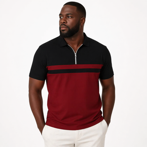 Polo à demi-zip pour <span class=keywords><strong>homme</strong></span> grande taille, manches courtes, color block, décontracté, noir et rouge contrastant, pour le golf et le quotidien - Product Image 1