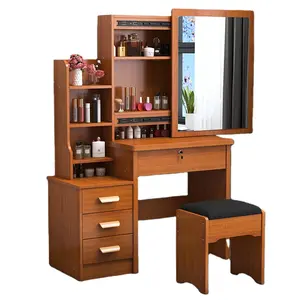 TS梳妆台套装，带凳子，木质化妆台梳妆台，带圆镜书桌和软垫凳子套装