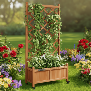 Fioriera in Legno di Abete Marrone Massiccio con Traliccio e Ruote, 6 Piedi, Contenitore per Piante da Giardino Rettangolare in Stile Tradizionale - Product Image 2