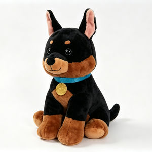 Peluche Personalizado de Doberman Pinscher, Cachorro de Doberman Sentado en Color Negro y Marrón con Collar Azul y Etiqueta de Medalla Dorada - Product Image 4