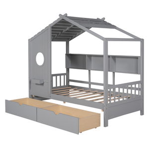 Lit superposé moderne en bois pour enfant avec 2 tiroirs, lit enfant avec étagère de rangement, gris - Product Image 4