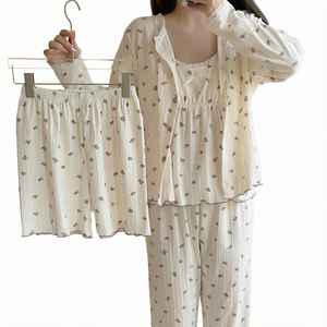 Ensemble de pyjama floral pour femmes, 4 pièces, vêtements de détente côtelés, printemps automne, vêtements de nuit pour la maison - Product Image 1