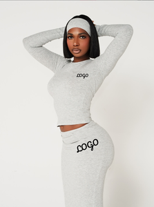 Set personalizzato 3 pezzi abbinato t-shirt a maniche lunghe e abito lungo aderente <span class=keywords><strong>Maxi</strong></span> con fascia da donna abbigliamento da donna - Product Image 2