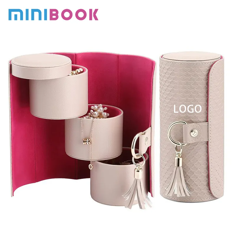 Venda quente romance design rotativo cilindro personalizado logotipo couro jóias embalagem caixa portátil viagem armazenamento caso