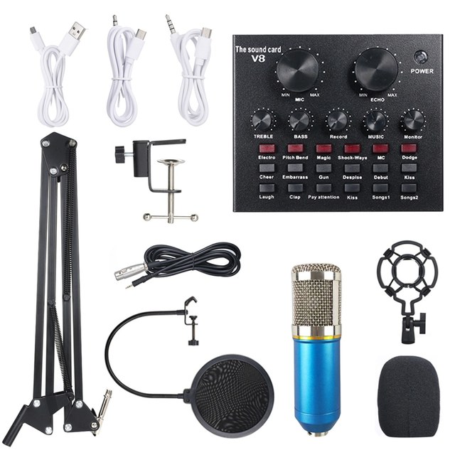 Multifunctional Live Sound Card & BM800 Suspension Microphone Kit Broadcasting Recording Condenser Microphone Set Intelligent Vo