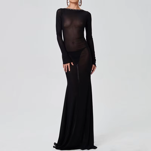 2025 nuevo otoño ajustado sin espalda ahueca hacia fuera ver a través de malla de manga larga Maxi vestido de fiesta de graduación Sexy vestido ceñido al cuerpo de las mujeres - Product Image 3