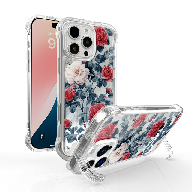 Floral Patterned Transparent Phone Case with Integrated Kickstand and Uv Painting Phone case for IPhone14 15 16 Pro Max