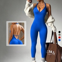 Combinaison de yoga une pièce pour femme, couleur unie, extensible dans les quatre sens, avec dos découpé et col halter, sans coutures, pour l'entraînement