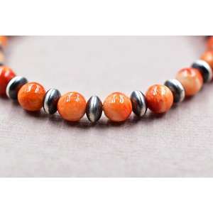 Handmade Sterling Silver Pearls & Orange Spiny Oyster Turquoise Stretch <b>Bracelet</b> Stylish Jewelry <b>Men</b> Women Unisex - Product Image 4