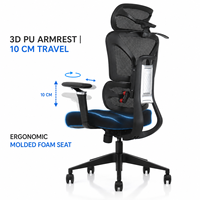 Chaise de bureau ergonomique en maille avec appui-tête et accoudoirs réglables, base pivotante pour atelier et bureau