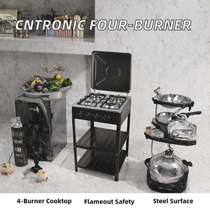 เตาแก๊ส 4 หัว พร้อมขาตั้งและชั้นวางของ โครงเหล็กสีดำ พร้อมฝาปิด - Product Image 3