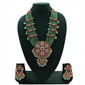 Ready Ship Ethnic <b>Gold</b> Plated Alloy Traditional Zircon Long Necklace <b>Set</b> Mint Color Matching Earrings Engagement Wedding Party - Product Image 1