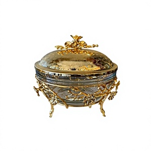 Gold Glass <b>Buffet</b> <b>Server</b> with Ornate Metal Base and Lid Decorative Serving Dish for Tableware Display Food Warmer Chafing Dish - Product Image 2