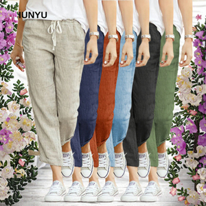RTS European American Summer Collection New Eco-Friendly Regular Casual Cotton <b>Linen</b> Women's <b>Pants</b> High Elastic Flat <b>Drawstring</b> - Product Image 3