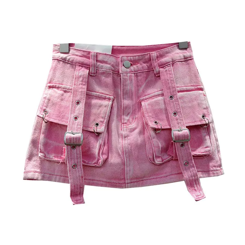 Hot Selling 2024 Summer Women Vintage Short Jean Skirt Women's A-line Mini Skirt Streetwear Pocket Cargo Denim Skirt