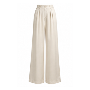 Cream <b>Satin</b> Shirt and <b>Trousers</b> Set Long Sleeve Collared Blouse Wide Leg Pants Office Wear - Product Image 4
