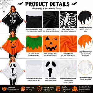 Disfraz de Poncho para Mujer, Capa con Estampado de Calabaza, Esqueleto y Fantasma, Disfraz de Halloween para Adultos, Disfraz para Fiesta Temática - Product Image 4