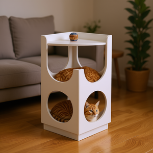 Station pour chat multifonctionnelle à double étage, blanche, moderne, pour petits chats, meuble pour salon et chambre - Product Image 2