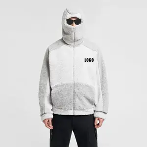 Manufacturers for customs clothes man color block patchwork full zip up face masked fluffy fleece sherpa hoodie men