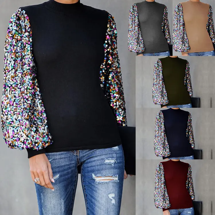 Wholesale Autumn Winter Women Sequin Shirt Stand Collar Solid Black Long Sleeve Casual Blouse