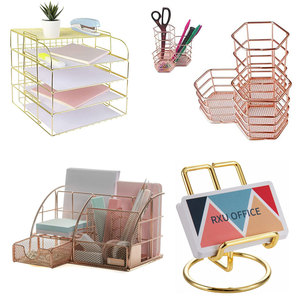 Metal Office Desk Organizer Set 4 Tier File Holder Tray Letter Paper Storage Rack Chrome Yellow Gold Rose Gold