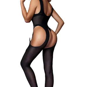 Women's Sexy Black See-Through Bodystocking Thin and Breathable Open Crotch Fishnet Mesh Tights Stretchy Nightwear