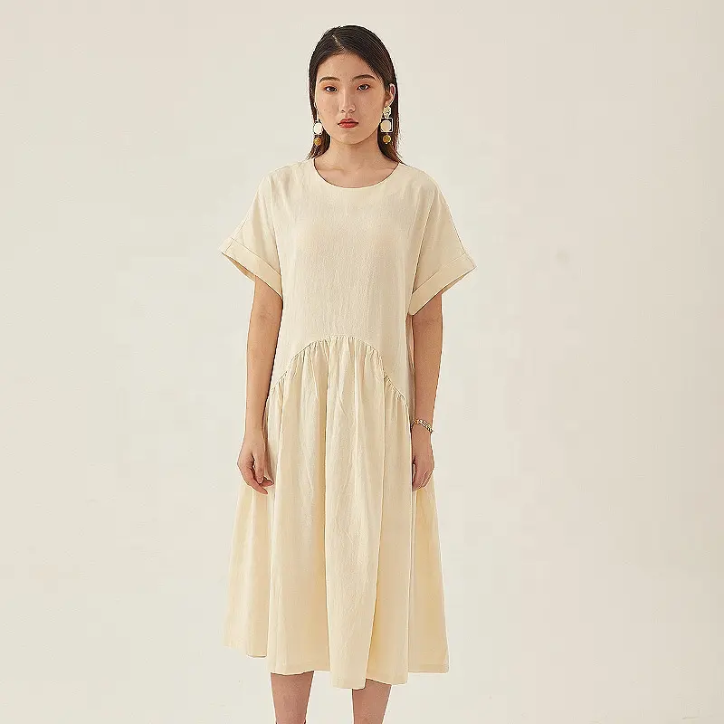 Spring and summer Hot sale Short sleeve Breathable Pleated hem Ivory casual women's dress